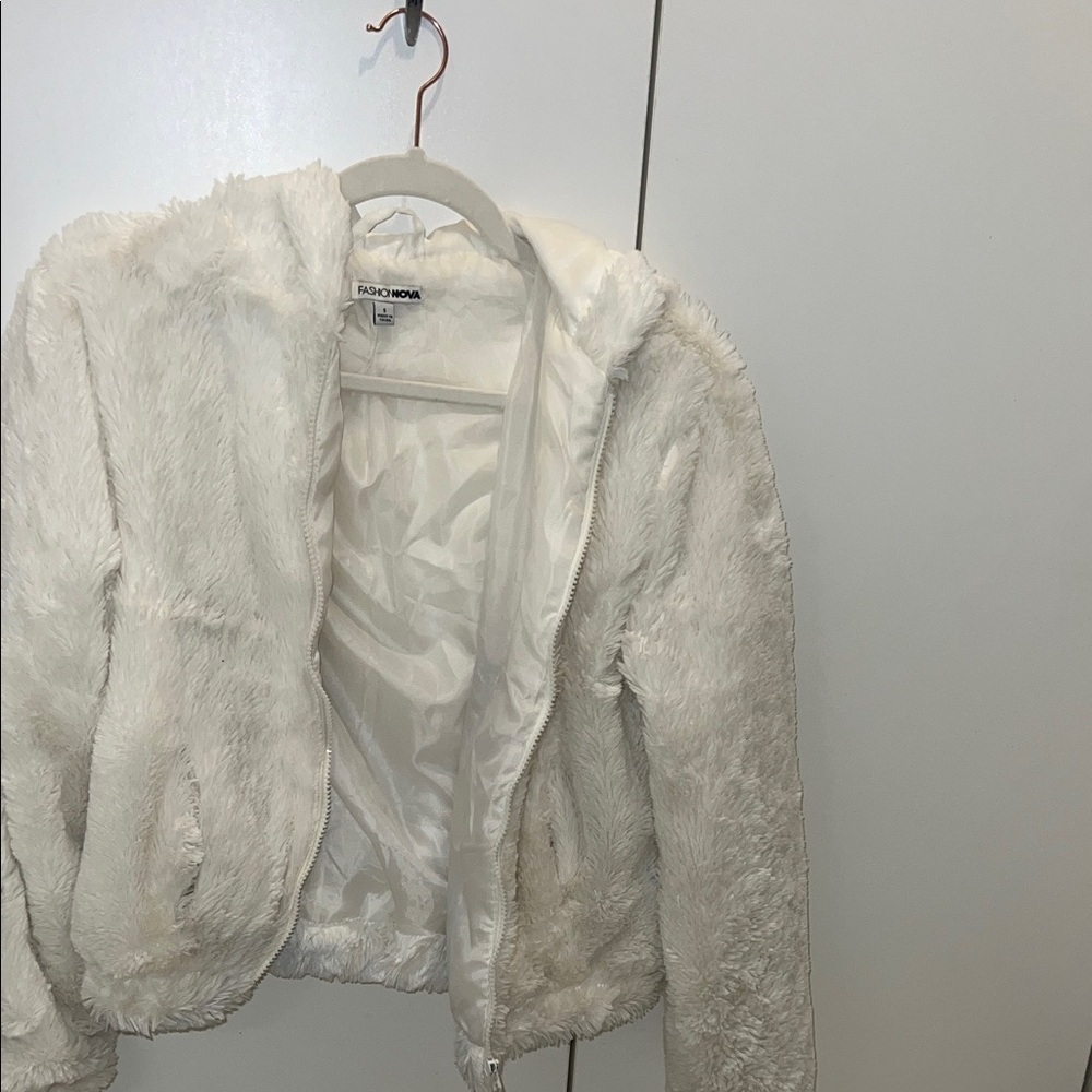 Fashion Nova White Faux Fur Hooded Jacket
